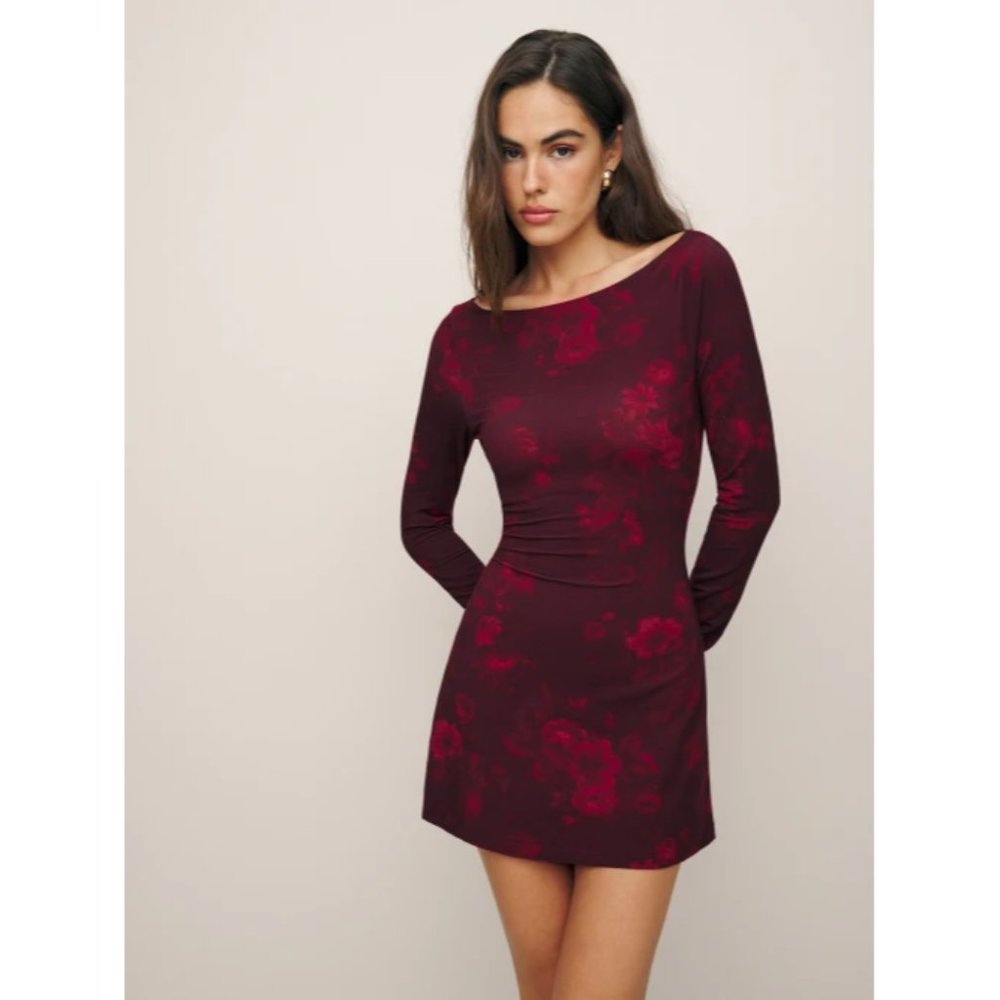 Reformation Jaelynn Knit Dress in Sanguine Red Floral Mini Long Sleeves